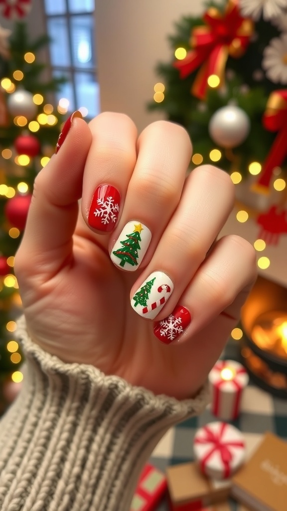 Festive Christmas Nail Art Tutorial Festive Christmas nail art with snowflakes and candy canes on a manicured hand in a holiday setting.